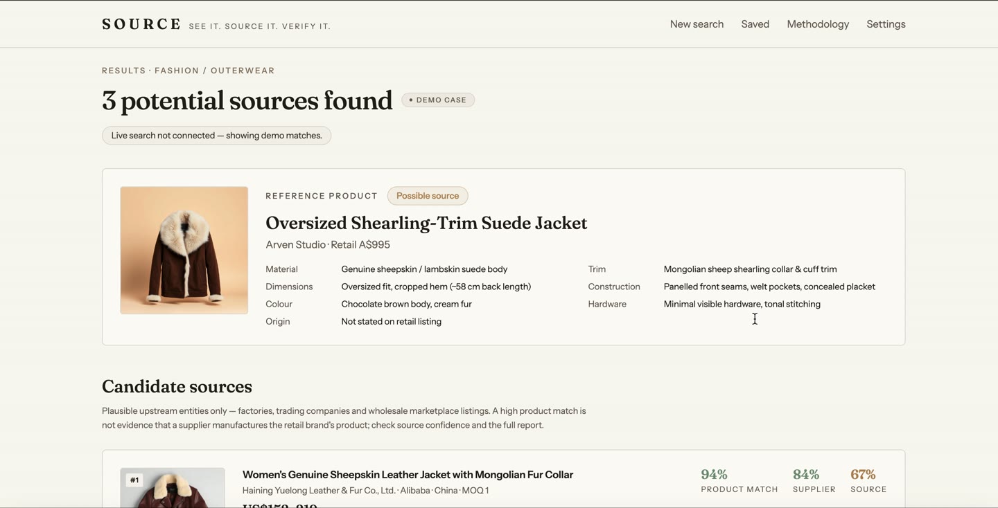 SOURCE IT prototype interface showing a sourcing lead with its supporting evidence and confidence